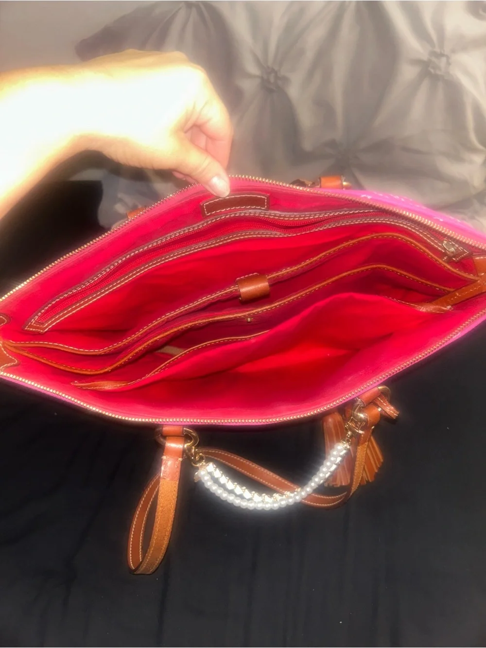 Dooney & Bourke Bright Pink Logo Tote with Brown Trim and Pearl Chain